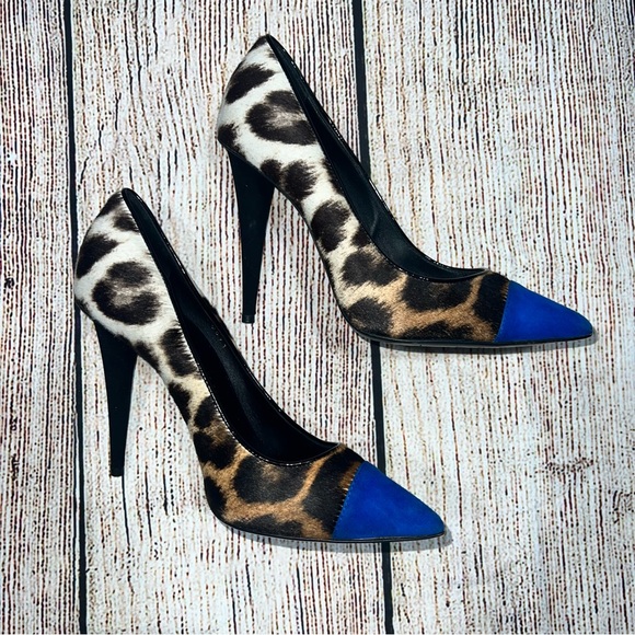 Giuseppe Zanotti Leopard Print with Blue Pointed Toe Pump Sz 37.5 (7.5 US) - Picture 6 of 8